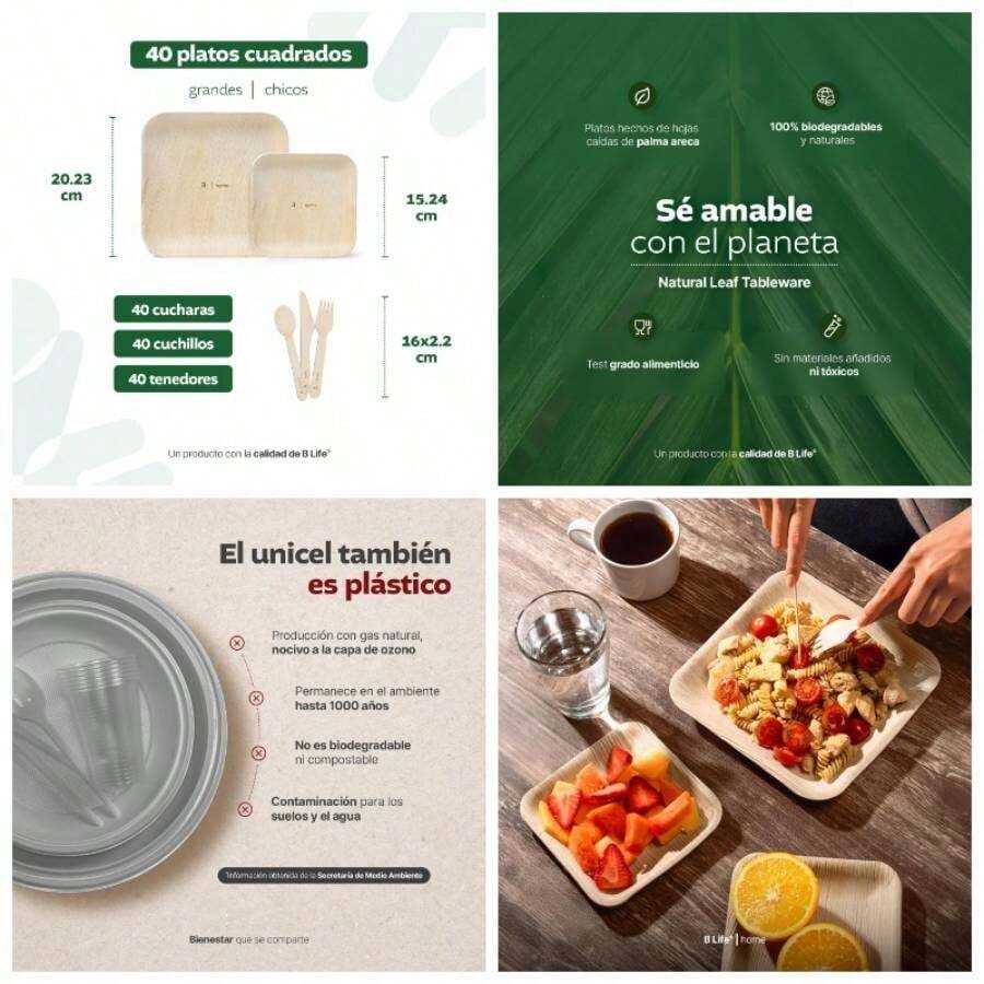 Juego de piezas de vajilla desechable de hoja de palma. Pack para 20 personas. Naturales y biodegradables. No txico. Natural Leaf Tableware - 200 - Ver 1