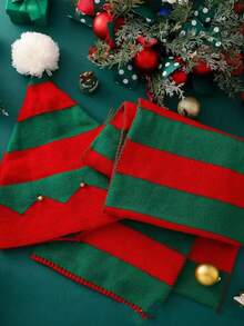 2pcs Christmas Hat And Scarf Set, Red & White/Red & Green Striped With Small Bells Holiday Knitted Outfit