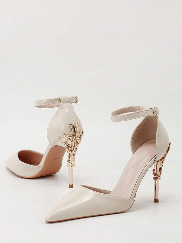 Fashionable Metallic Floral Stiletto High Heel Pointed Toe One-Strap Sandals, Sexy & Luxurious Women Dress Shoes