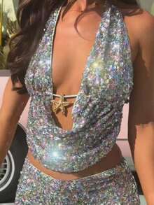 Women Sequin Outfit Halter Neck Sleeveless Open Back Tie Tops Low Rise Mini Tight Shorts 2 Piece Set - Mixed Colors - View 2
