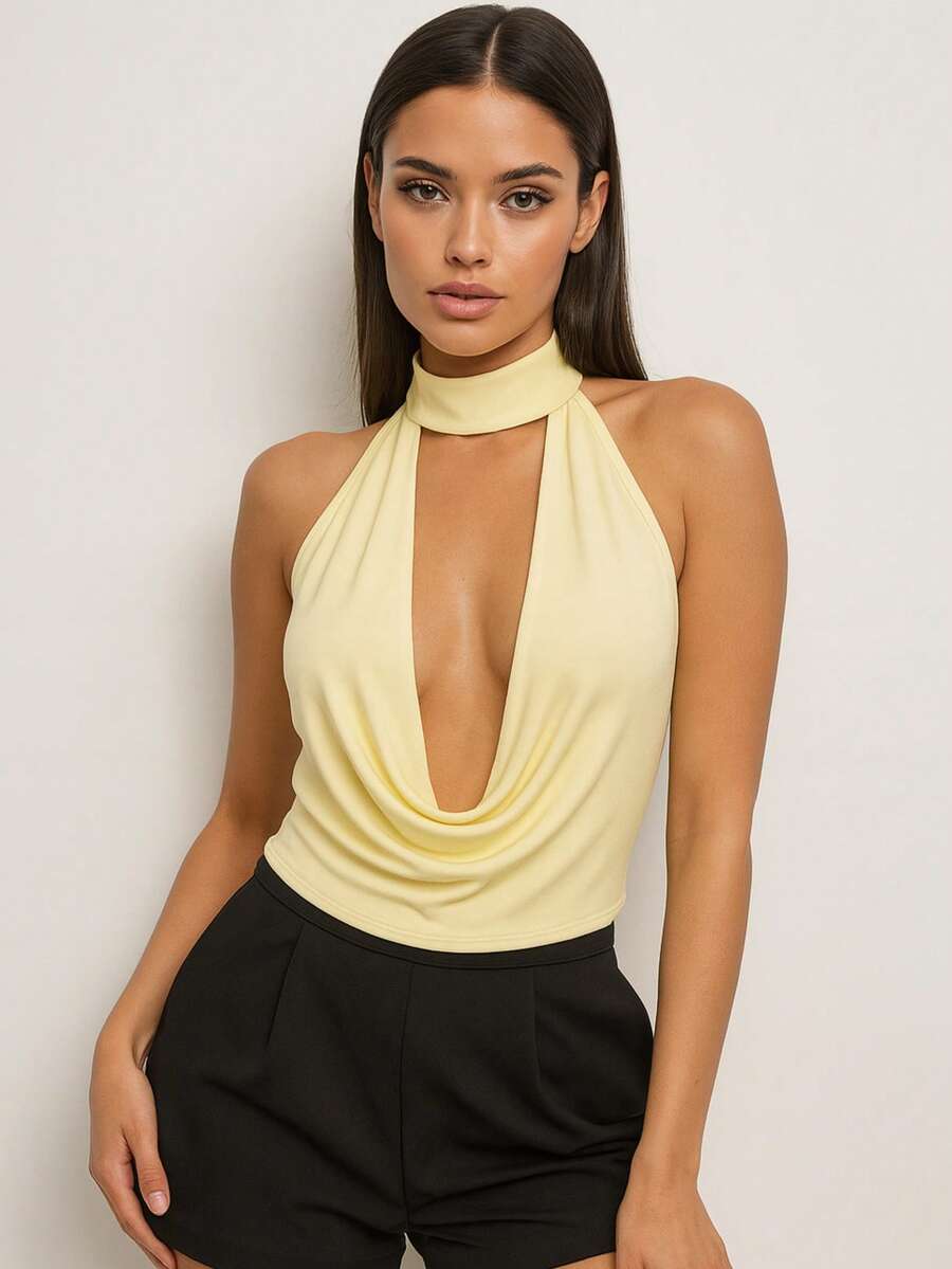 Women's Deep Neck Choker Tank Top - Sexy And Elegant For The Evening - 黃色 - 查看 1