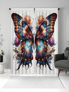 2pcs Vintage Butterfly Print Curtains, Semi-Sheer Polyester Fabric, Machine Washable, Rod Pocket Design, Suitable For Bedroom, Living Room, Dining Room, Kitchen And Other Home Decor