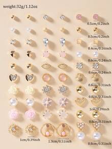 Set de 30 piezas de pendientes de botón con diseños minimalistas y elegantes de margaritas, corazones, rhinestones y lazos, un regalo ideal para uso diario para mujeres