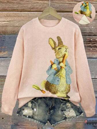 Autumn And Winter Fashion New Style All-Match Pullover Long-Sleeved Women's Tops Rabbit Pattern Flat Digital Printing Women's Clothing Round Neck Women's Sweater