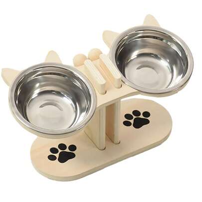 Adjustable Wooden Elevated Pet Feeder Cat Double Bowls Stainless Steel Raised Food And Water Bowls For Cats Small Dogs Anti Slip Stand Modern Feeding Station
