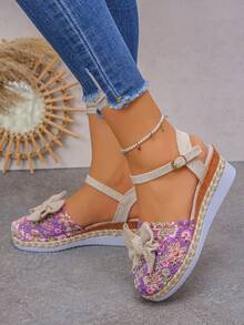 New Beige Bow Women's Shoes For Spring And Autumn 2025, Fashionable And Casual. Purple Printed Mesh, Comfortable And Breathable. Woven Hemp Rope Spliced Wedge Heel, Thick-Soled One-Button Shoes