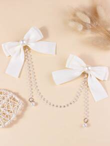 1 pieza Pinza para el cabello con cadena de perlas y lazo para niñas, linda y elegante, versátil para uso diario, tono rosa - Blanco - Ver 9