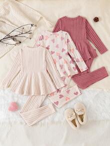 6件套女童情人节爱心印花长袖圆领上衣+修身抓绒裤套装 - 粉色 - 查看 2