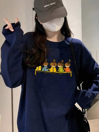 女式灰色卡通印花长袖圆领棉质T恤，秋季