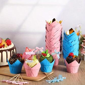 100pcs Mixed Solid Color Flame Cupcake Liners, Sturdy Paper Baking Cups With Reinforced Rim, Suitable For Cupcakes, Muffins, Parties, Picnics, Barbecues