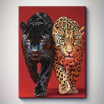 A Beautiful Poster, Unframed, 2D Flat Printing, Waterproof And Durable, Including Hanging Equipment. Double Leopard Printing On Red Background, Suitable For Wall Art, Home Decoration, Room Decoration, Bathroom Decoration, Holiday Celebration And Gift For Him.