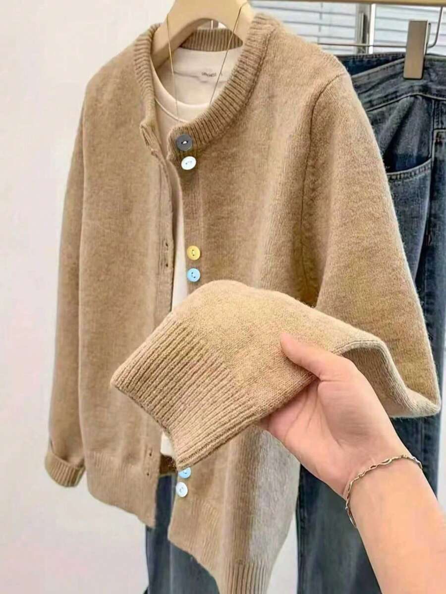 Women's Knitted Cardigan, Colorful Button, Solid Color, Casual, Spring/Autumn