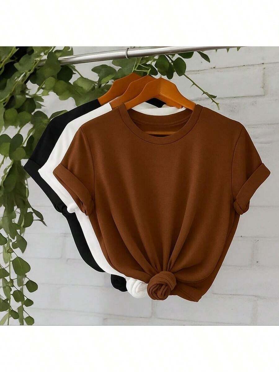 Kit 3 T-Shirts Basic Women's T-Shirt 100% Cotton 30.1 Various Colors Wide And Loose For Everyday Use - Trắng/Đen/Nâu - Xem 1