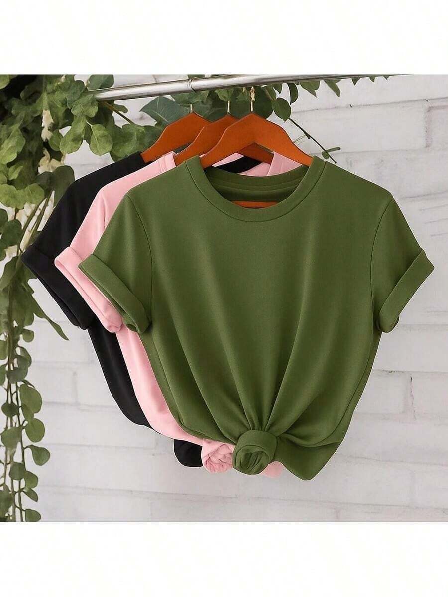 Kit 3 T-Shirts Basic Women's T-Shirt 100% Cotton 30.1 Various Colors Wide And Loose For Everyday Use - 黑色/淡粉紅色/軍綠色 - 查看 1