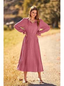 Swiss Dot Pleated A Line Midi Dress Dresseshalloween - 粉色 - 查看 3