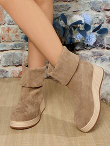 Women's Mid-Calf Boots, New Design, Thick Sole, Wedge Heel, Waterproof Platform, Suede Fabric, Solid Color, Slip-On, Fashion & Comfortable, Plus Size - Khaki - View 5