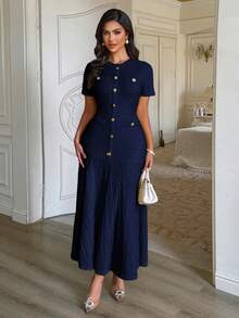 Unadoll 女士春季圆领短袖仿口袋纽扣装饰面料优雅教师连衣裙，适合约会、郊游、生日、派对、旅行、情人节等夏季场合。 - 藏蓝色 - 查看 8