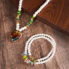 2pcs/Set Natural Crystal & Faux Pearl Double Layer Necklace, Symbolizing Hope And Optimism, Women's Jewelry Gift (Pendant Design/Shape Random)