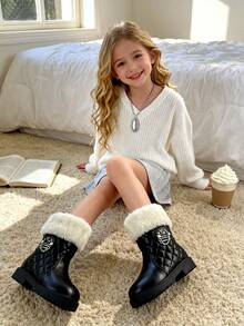 2024冬季新款女童复古菱形毛绒短靴，黑色PU亮面仿毛皮翻边厚底雪地靴，金属装饰防滑保暖靴，日常、校园、派对、冬季郊游必备 - 备受好评的舒适儿童靴 - 黑色 - 查看 12