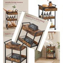 Storage Cart 3-Tier Rolling Utility Cart With Table Top Handles 4 Lockable Casters Top Drawer Mesh Shees For Kitchen Bathroom Bedroom Rustic Brown And Ink Black ULRC048K01