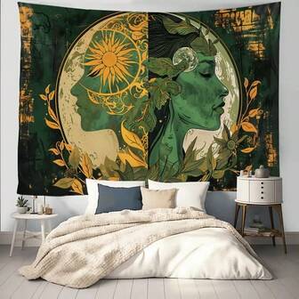 1pc Sun & Moon Dual Life Plant System Curtain Tapestry: Human Face X Plant X Sun & Moon, Spiritual Art Decor For Bedroom/Living Room - Boho Style Wall Hanging, Mystical Tattoo Inspired Home Decor, Made Of Polyester