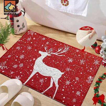 1pc Christmas Reindeer Pattern Bathroom Anti-Slip Mat, Made Of Artificial Cashmere With Plush Decoration, Is Suitable For Bathrooms, Doorways, Kitchens And Other Occasions. It Can Be Machine Washed And Is A Festival Decoration That Can Be Given As A Gift