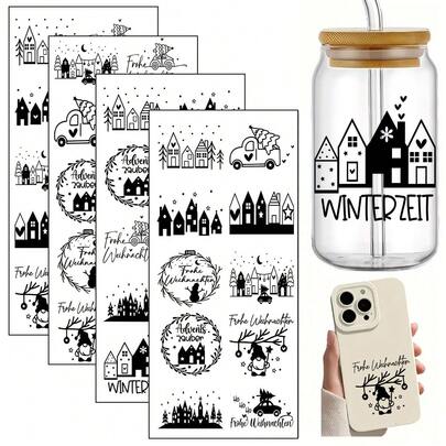 4pcs/Set Christmas Truck Tree Themed UV Dtf Transfer Sticker For Libbey Glass Cups - Quote DIY Wrap, Adhesive, Easy To Apply - Perfect For Glassware, Bottles, Crafts, Best For Christmas