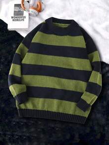 1件青少年男童宽松舒适休闲条纹撞色针织毛衣，长袖加厚针织套头衫，秋冬季