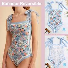 ¡RecomendadoWEIMEY Trajes de Baño Mujer Completo Bañadores Sexy con Control de Barriga Reversibles con Corbata Hombro Estampado Vintage para Playa Surf Nadar¡Top de Temporada - Flor negra - Ver 7