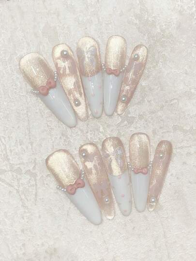 10pcs Handmade Strawberry Cupcake Nail Art Set, Includes White French Polka Dot Hollow Bow, Pink Gold Cat Eye Bow, Mini Pearl Decor, Reusable Nail Covers, Suitable For Dates, Parties, Concerts, Brightening, Cute Design