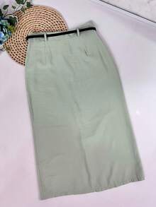 Midi Skirt With Belt High Waist Slit - Mint Green - View 4