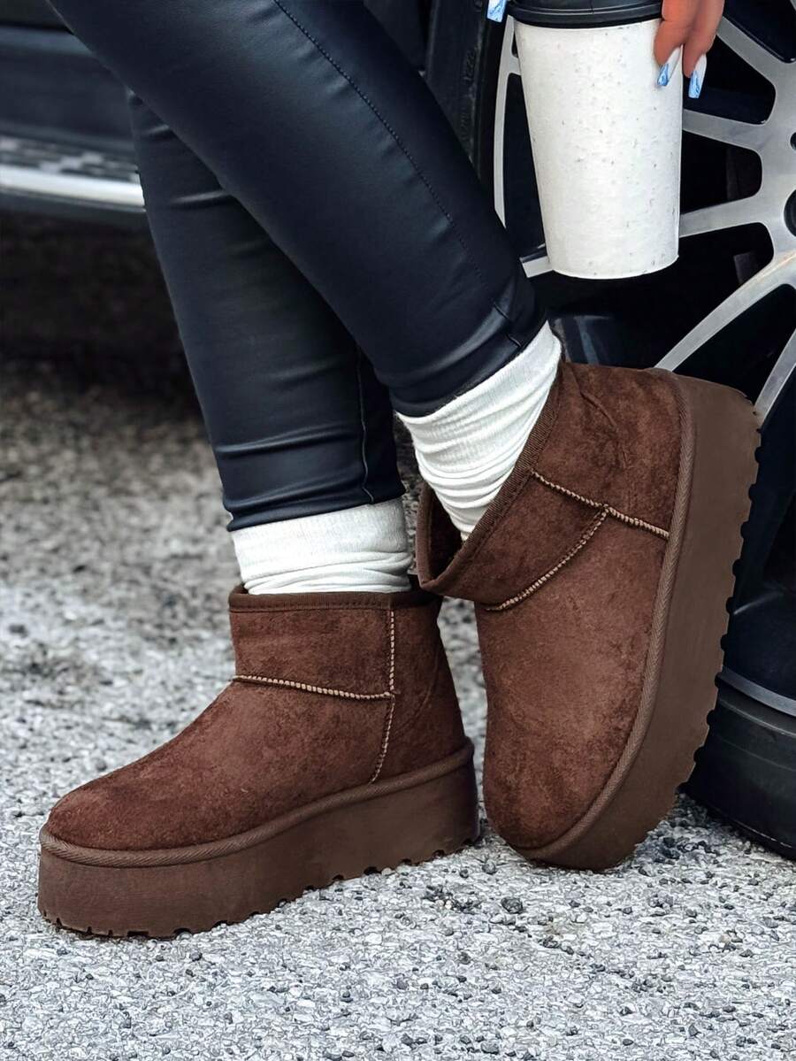 Women's Thick-Soled Warm Snow Boots, Comfortable Suede Ankle Boots, Fashionable Winter Casual Shoes, Lightweight And Warm Women's Shoes For Cold Weather, Fashionable Urban Style Snow Boots - Brown - View 1
