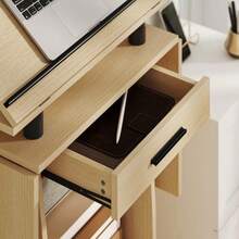 HOMCOM Rolling Music Stand, Music Stand With Folding Side Wings, Laptop Table With Drawer And Shelves, Oak Look - Brown - View 8