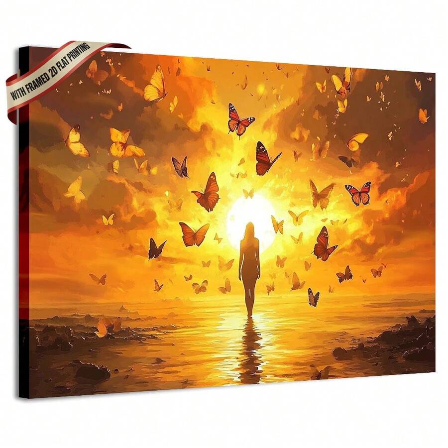 1pc Canvas Framed Wall Art Butterfly And A Person Is Coming From Afar Poster Modern Canvas Print Framed Wall Art Painting Ready To Hang Office Living Room Home Decor Picture Artwork Decor.Stretched And Framed Ready To Hang. - White - View 1