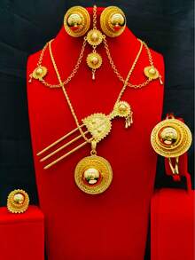 1 Collana, 1 Paio di Orecchini, 1 Bracciale, 1 Anello, 1 Catena per Capelli, 1 Fermaglio per Capelli, Set di Gioielli alla Moda Placcato Oro con 6 Ciondoli Rotondi per Donne, Adatto per Spose Europee, Mediorientali, di Dubai, Africane, Matrimoni, Feste, Ognissanti, Natale, Compleanni, Uso Quotidiano