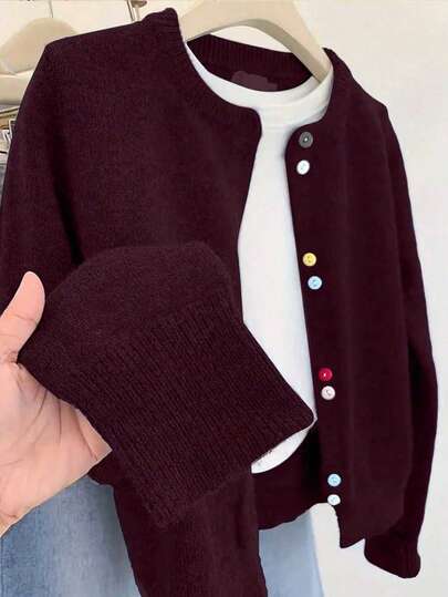 Women's Comfortable Long Sleeve Crew Neck Cardigan, Paired With Playful Colored Buttons And Medium Stretch Polyester Fabric