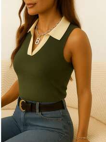 Women's Polo Neck Tank Top, Two-Tone Cotton, Sleeveless, Elegant - verde militar - Ver 1