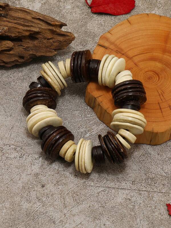 Coconut Shell Round Wooden Beaded Elastic Bracelet, Vintage Unique Handmade Jewelry For Women