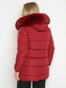Áo khoác chần bông cổ lông tay dài màu trơn ấm áp có khóa kéo thường ngày cho nữ mùa đông - Màu Đỏ Sâu - Xem 3