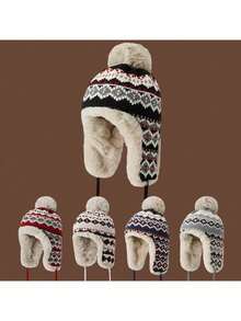 1 Peça Gorro de Lã Térmico Forrado Colorblock Feminino, Adequado para Ciclismo, Proteção Auricular, Outono/Inverno, Natal e Uso Externo - Multicolorido - Visão 2