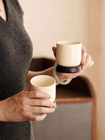 2pcs Set Rustic Ceramic Cup & Saucer, Simple Tea Art Wabi-Sabi Style Walnut Wood & Coarse Ceramic Cup & Saucer, High-Quality Coffee/Tea Cup & Saucer For Home, Kitchen, Dining Room, Practical Ceramic Cup With Wooden Coaster