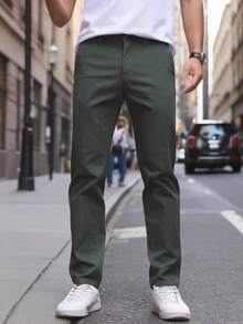 Men's Slim Fit Lycra Dress Pants With Built-In Pocket - màu xanh lá - Xem 3