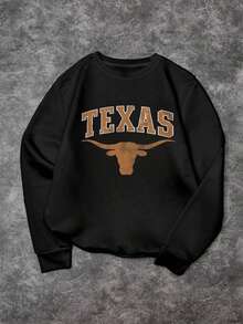 K-GLORY Men's Round Neck Hip Hop Street Chic Retro American Texas Longhorn Print Loose Comfortable Casual Sweatshirt - Black - View 3