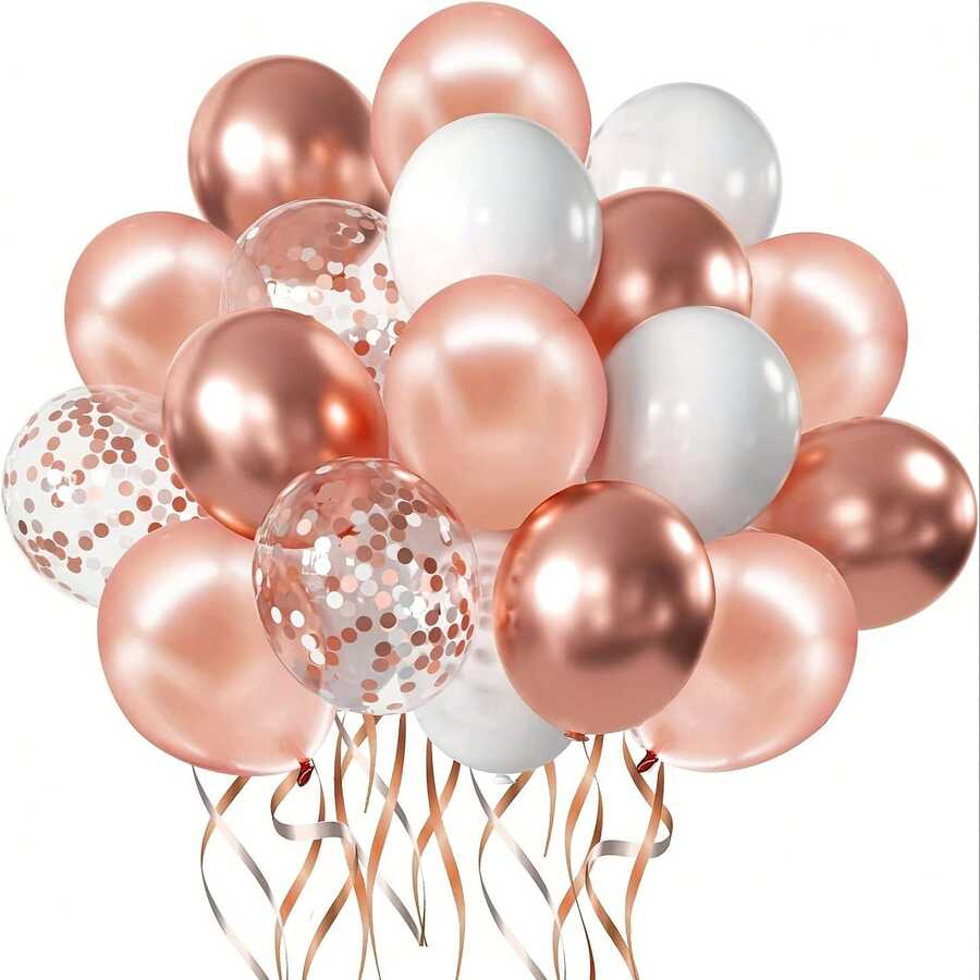 31pcs Rose Golden Confetti Latex Balloons - Party Wedding Decorations With Platinum Balloon And Ribbon - Elegant Bride Shower Accessories