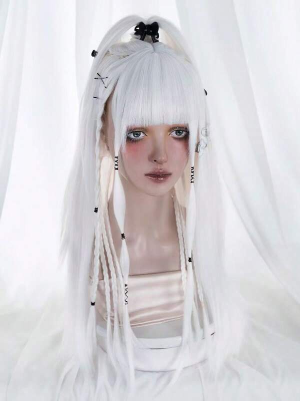 alicegarden 1 hitzebeständige synthetische Perücke mit Pony, lange weiße gerade Perücke, 26 Fuß lang, aus Faser hergestellt, für den täglichen Gebrauch geeignet, natürliche Simulation