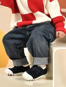 1 Pair Kids Cartoon Embroidery Hook And Loop Casual Sneakers, Suitable For All Seasons - Navy Blue - View 2