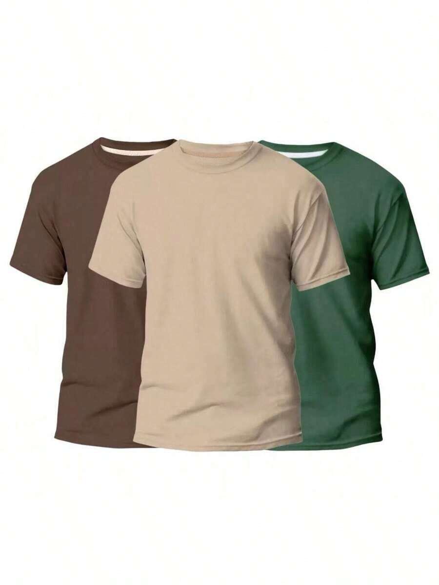 KIT 3 Basic Plain Men's T-Shirts 100% Cotton 30.1 - 棕色+米色+綠色 - 查看 1