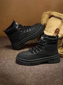 New High-Top Versatile Boots, Leather Shoes, Work Boots, Casual Boots With Zipper, Popular High-Top Big Head Leather Boots, Size 39-46 - Black - View 3