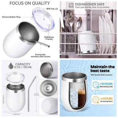 12oz Vaso de Vino de Acero Inoxidable con Tapa a Granel 12 Pack, Copas de Vino sin Tallo de Doble Pared al Vaco, Taza de Caf de Viaje de Metal Reutilizable con PajitaVerde, 12 Paquete