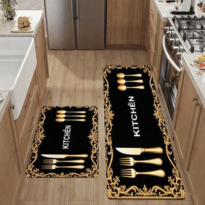 Alfombra de cocina de lujo con patrón de cubertería dorada - Felpudo negro antideslizante y lavable con borde floral dorado, alfombra larga y decorativa para encimera de cocina, entrada, comedor, perfecta para la decoración del hogar